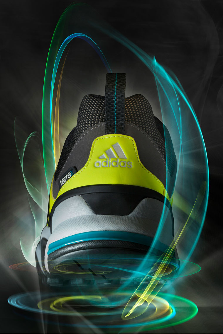 Product Photography Gear Addidas Terre X Shoes Back Heel Floating with Glowing Light Trails Denver