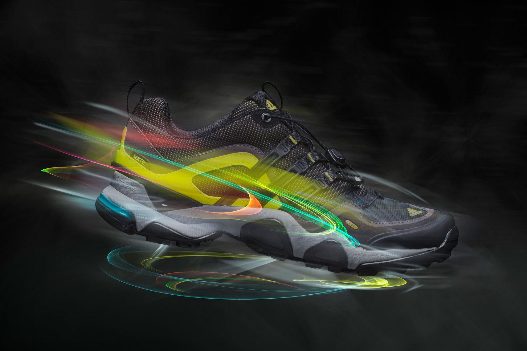 Product Photography Gear Addidas Terre X Shoes Profile Floating with Glowing Light Trails