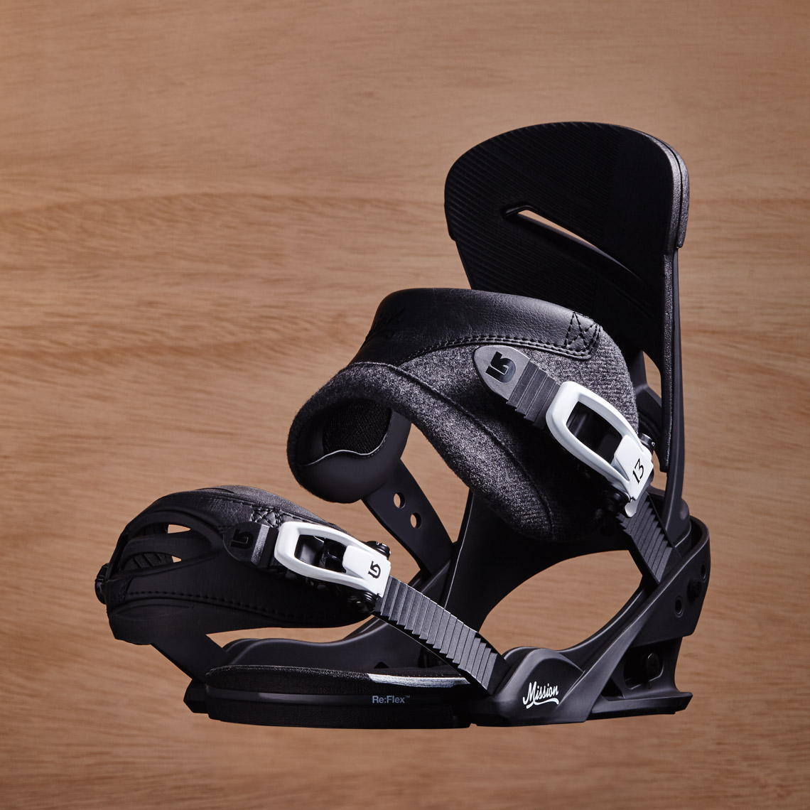 Product Photograpy Gear Burton Mission Snowboard Binding Profile Black From REI Floating In Air Denver