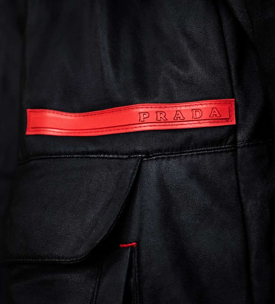 Product Photography Mens Prada Casual Coat Detail of Red Label From Nordstroms Chicago