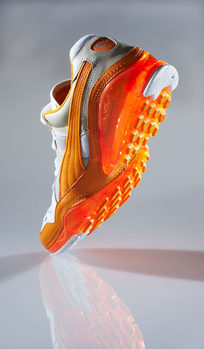 Product Photography Puma Gear Mens Fasion Casual Shoe Yellow Brown Orange with Reflection Chicago