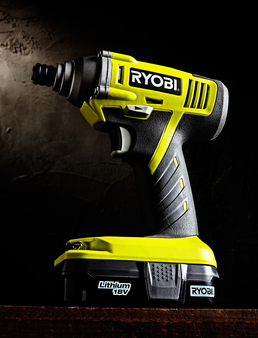 Product Photography Gadgets Ryobi Impact Half Inch Wrench Beauty Shot in Studio Saftey Yellow Green Denver