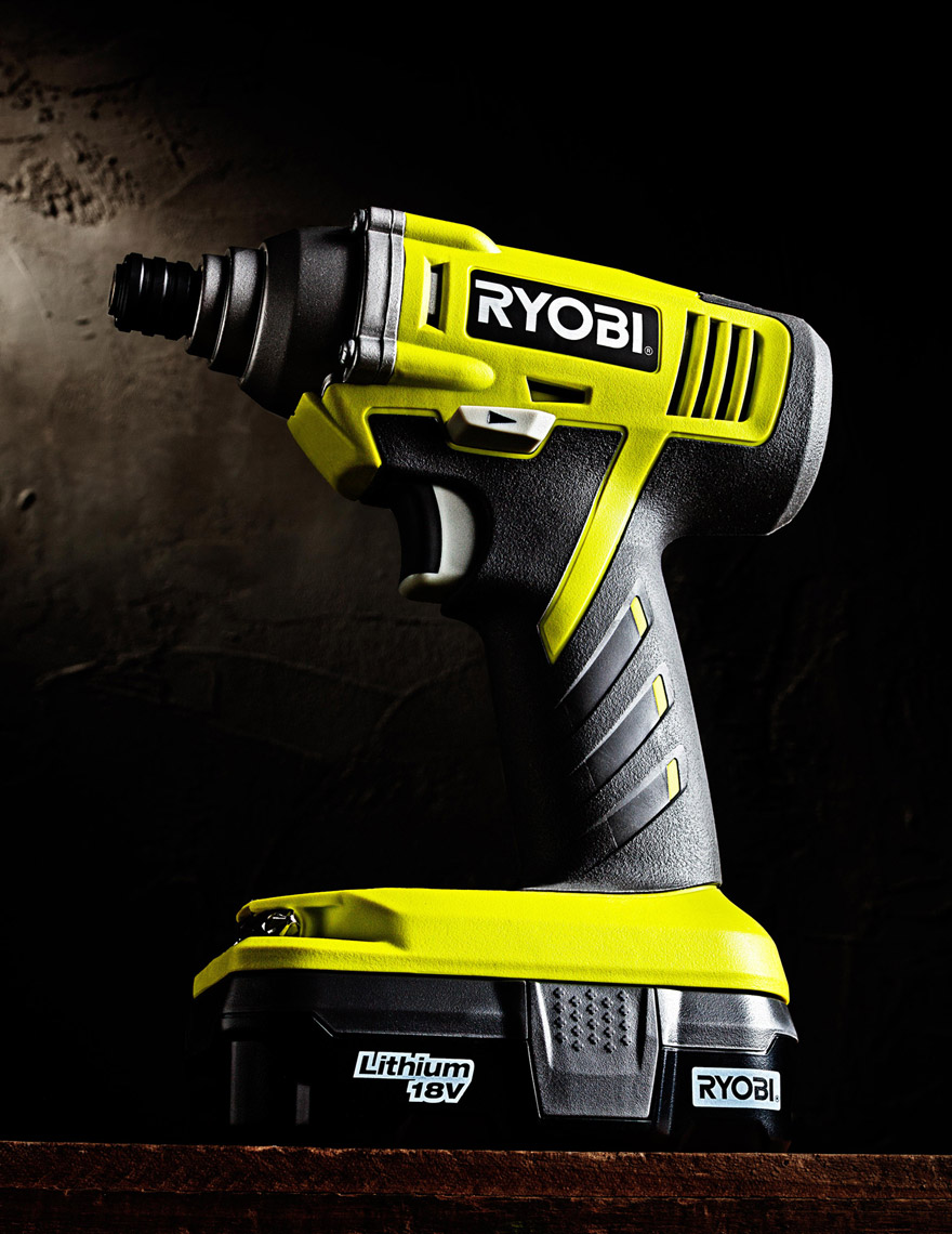 Product Photography Gadgets Ryobi Impact Half Inch Wrench Beauty Shot in Studio Saftey Yellow Green Denver